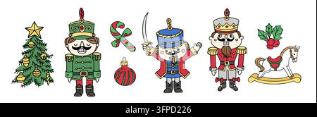 Weihnachtsnussknackersoldaten-Set Vektorillustration Clip Art. Festliche Urlaubsvintage-Spielzeuge lebhaftes festliches farbenfrohes Design. Winterferien Kinder Stock Vektor