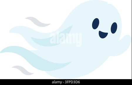 Flache Illustration eines fröhlichen hellblauen Geistes, der seitlich fliegt mit langen, fließenden Locken und einem kleinen lächelnden Gesicht Stock Vektor