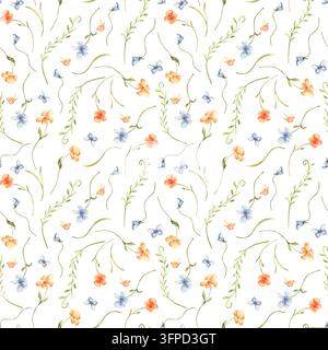 Winzige Blumen an schlanken Stielen und zarte Schmetterlinge nahtloses Aquarellmuster isoliert. Zarter floraler Rapport mit Blüten an der Ranke handgezeichnet Stockfoto