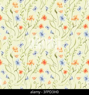 Geknitterter Blumenhintergrund mit mini botanischen Elementen in Aquarell auf hellem Grund. Nahtloses Muster mit kleinen orangefarbenen Blumen und blauen Schmetterlingen handgezeichnet Stockfoto