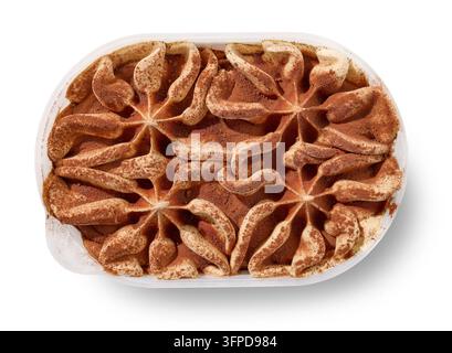 Verpackung von Tiramisu-Eis geöffnet, isoliert auf weißem Hintergrund, Ansichtsseite oben Stockfoto