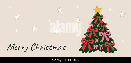 Handgezeichnetes Frohe-Weihnachten-Horizontal-Webheader-Vorlage. Coquette-retro-festliches Banner. Verspielter Weihnachtsbaum dekoriert mit Schleifenbändern und Stock Vektor