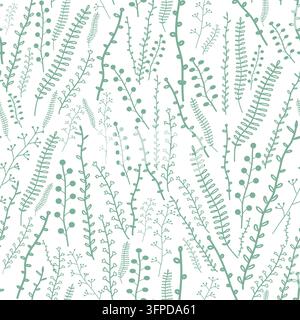 Minimalistische eco-botanische Illustration eines nahtlosen skandinavischen Musters mit salbeigrünen Kräuterzweigen auf isoliertem weißem Hintergrund Stockfoto