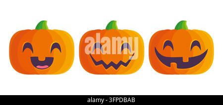 Vektor-Set Symbole von Kürbis für Halloween im Kawaii-Stil. Niedlicher Pumpkin im Manga-Stil. Stock Vektor