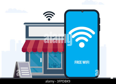 ein Handybildschirm, der ein freies WLAN-Symbol vor einem Café-Gebäude anzeigt Stock Vektor