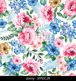 Lebendiges sommerliches nahtloses Blumenmuster mit rosa Rosen und blauen Blüten auf weißem Hintergrund Stock Vektor