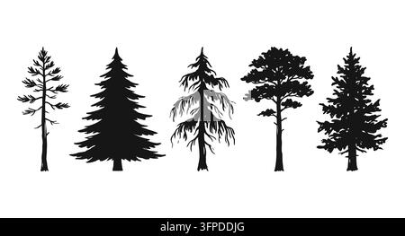 Set mit fünf verschiedenen Silhouetten von immergrünen Wald Bäumen mit immergrünen Bäumen Stock Vektor