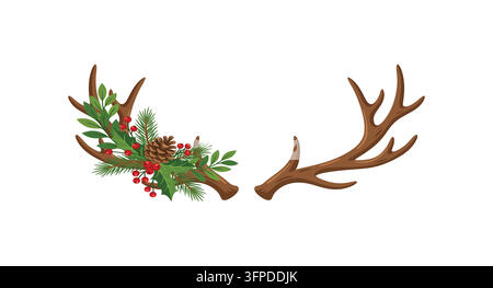 Hirschgeweih verziert mit Weihnachtsgrün, Beeren und Tannenzweigen Stock Vektor