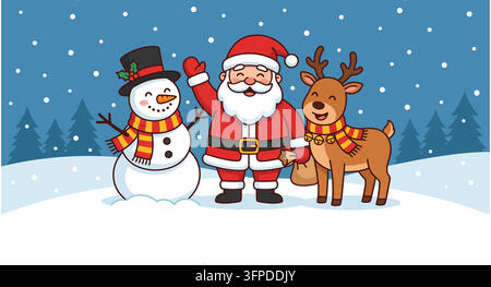 Weihnachtsmann mit Schneemann und Rentieren in einer verschneiten Waldwinterlandschaft Stock Vektor