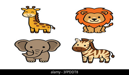 Süße Cartoon-Safari-Tierkollektion inklusive Giraffe, Löwe, Elefant und Zebra Stock Vektor