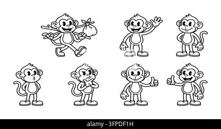 Satz von Retro-Cartoon-Affenfiguren in verschiedenen Posen und Aktionen Stock Vektor