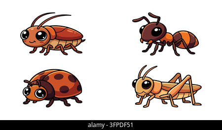 Niedliches Cartoon-Insekten-Set inklusive Kakerlake, Ameise, Marienkäfer und Grille Stock Vektor