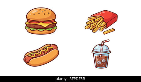 Fast-Food-Mahlzeit mit Hamburger, Pommes frites, Hot Dog und kaltem Getränk Stock Vektor