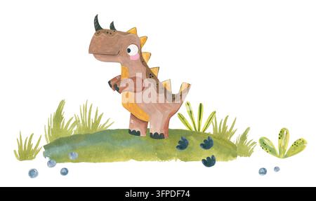 Aquarell niedlicher brauner Dinosaurier, der auf grünem Grashügel steht, handgezeichnete niedliche Dino-Charakterillustration isoliert auf weißem Hintergrund Stockfoto