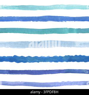 Aquarellblaue und türkisfarbene horizontale Streifen nahtloses Muster isoliert auf weißem Hintergrund Stockfoto