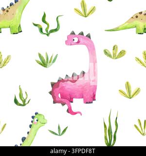 Aquarell rosa und grün niedliche Dinosaurier nahtloses Muster mit Pflanzen isoliert auf weißem Hintergrund Stockfoto