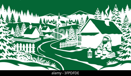 Weihnachtsmann sitzt neben einem Haus in einer verschneiten Dorfszene mit Weihnachten Stock Vektor