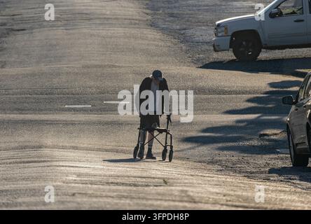 Älterer Mann, der einen Rollator benutzt, um eine ruhige Straße in East Vancouver, British Columbia, während der goldenen Stunde zu überqueren. Stockfoto