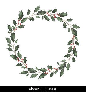 Weihnachts-Ilex-Zweige mit roten Beeren. Kranz mit smaragdgrünen Stechpalmenblättern. Botanischer Winterbeere. Handgemalte Aquarellillustration für die Hochzeit Stockfoto