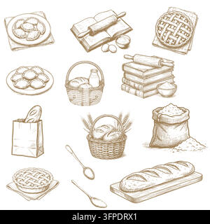 Kochbuch mit einem Nudelholz und Eiern, Kuchen auf Serviette, Weidenkorb mit Brot und Milchflasche, Kochset, Vektorillustration. Für Menüs, Kochboo Stock Vektor