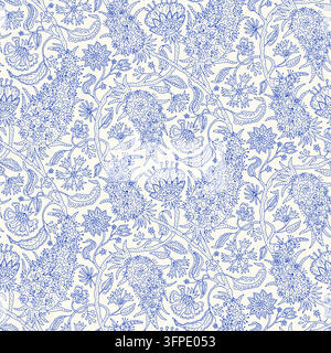 Jakobinisches Blumenmuster ohne Naht mit handgezeichneten botanischen Ranken und Volksblumen. Blaue Linienkunst auf salbeigrünem Hintergrund. Indischer Blockdruckstil Stock Vektor