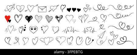 Eine große Sammlung von handgezeichneten Herzen in verschiedenen Formen. Einfache Umrisse und Pfeile zu Bändern, Flügeln und verspielten Liebeszeichen, gemacht für Tattoos, Karten, Aufkleber und romantisches Clipart-Design Stock Vektor