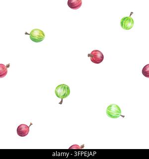 Nahtloses Aquarell-mischtes grünes und rotes Stachelbeer-Muster-Hintergrund mit verstreuten Beeren. Isoliertes wiederholtes botanisches Blumen-Textur-Element für Stockfoto