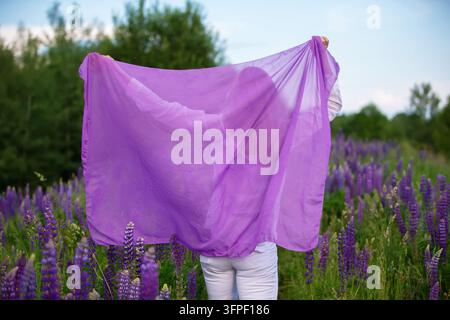 Eine Frau steht in einem blühenden Lavendelfeld und hält einen durchsichtigen violetten Stoff, der im Wind weht. Die Sonne scheint hell und erzeugt eine se Stockfoto