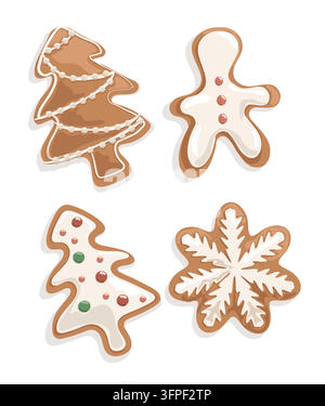 Flachlage-Weihnachtslebkuchen-Vektorelement-Set isoliert auf Hintergrund. Gemütlicher Eco-Winterurlaub-Lebkuchenmann-Schneeflocke und Tanne Stock Vektor