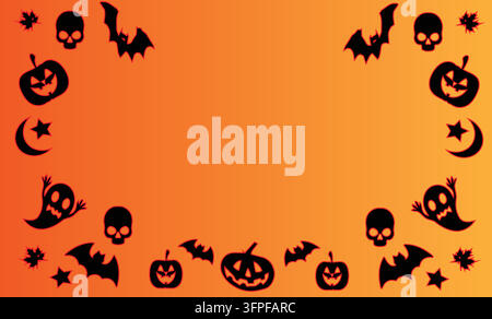 Halloween schwarze Silhouetten von Fledermäusen, Schädeln, Geistern, Kürbissen und Sternen auf orangefarbenem Farbverlaufshintergrund mit Silhouetten verschiedener gruseliger festlicher Halloween-Motive Stock Vektor