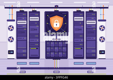 Konzeptioneller Rechenzentrums-Serverraum: symmetrische Server-Racks und Kühleinheiten um ein zentrales Display, das einen Schild mit Vorhängeschloss zeigt, mit Laufwerk Stock Vektor