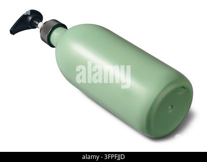 grüne Plastik-Flasche für Conditioner isoliert auf weißem Hintergrund, leerer unmarkierter Behälter mit schwarzer Pump-Dosiererin, Vorlagen-Layout für Kosmetikverpackungen Stockfoto