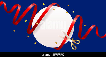 Großes Eröffnungskonzept mit einer Schere aus Gold, die ein leuchtend rotes Band durchschneidet. Vektorillustration Stock Vektor