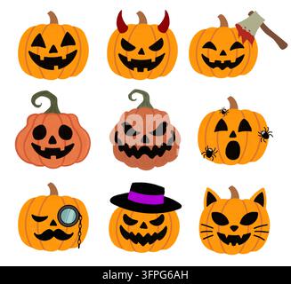Set aus neun kreativen Halloween-Jack-o'-Laternen-Kürbissen mit verschiedenen Gesichtern und Accessoires Stockfoto