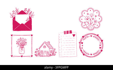 Rosa Vintage Handgezeichneter Liebe und Botanischer Doodle-Set Rahmen Halbton-Dither-Vektor-Clipart-Set Stock Vektor