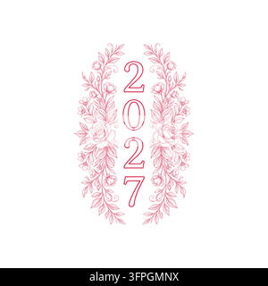 Elegante 2027 Typografie Neujahr Blumenkalender Banner Rahmen Vektorillustration mit Rosen und Blättern Halbton-, Moiré- und Grunge-Textur Stock Vektor