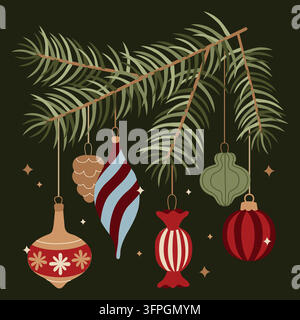 Handgezeichnetes Weihnachts- und Neujahrsgrußkartendesign mit Kiefernzweig und Vintage-Baumanhängern-Komposition für Poster, Verpackung Stock Vektor