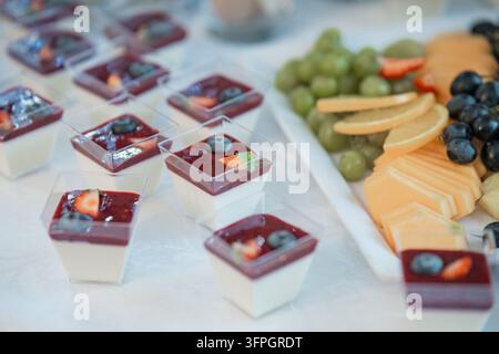 Eleganter Desserttisch mit Reihen von mundgerechten quadratischen Gebäckstücken, die mit glänzender Beerglasur überzogen sind, begleitet von frischen Trauben, Blaubeeren und Orangen Stockfoto