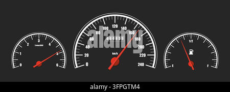 Realistisches klassisches Armaturenbrett isoliert. Sportliches weißes Auto-UI-Anzeigefeld. Tachometer, Drehzahlmesser, Kilometerzähler, Kraftstoffstandssensor. Rote Kilometer pro Stock Vektor