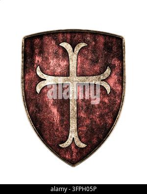 Altes rotes Metallschild mit Kreuz, isoliert auf weißem Hintergrund Stockfoto
