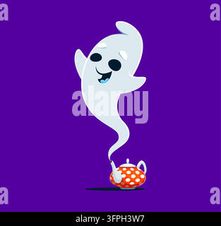 Niedliches Kawaii-Geister-Charakter, das aus dem Teekannenauslauf wirbelt. Cartoon-Geist mit breitem lächelndem Ausdruck und glücklichen Augen für Halloween-Party-Einladung und verspielte saisonale Social-Media-Grafiken Stock Vektor