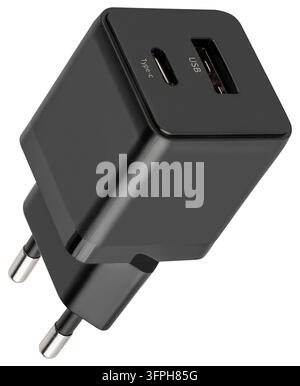 Schwarzwalladapter mit USB-Typ-C-Anschlüssen zum Aufladen von Geräten Stockfoto