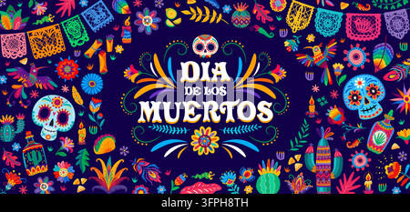 Mexikanisches Banner zum Tag der Toten Dia de Los Muertos. Festliches mexikanisches Folklore-Banner mit Zuckerschädeln, papel picado-Girlande, Ringelblumen, Kolibris und Maracas für Party-Einladungen Stock Vektor
