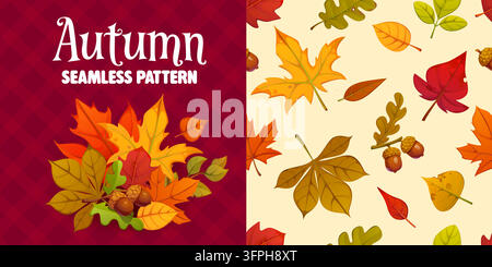 Nahtloses Muster mit Herbstblättern aus Ahorn-, Eichen- und Birkenblättern in hellen Farben. Hintergrund für die Herbstsaison. Vektor-Wiederholung, warmes saisonales Motiv mit rotem, orangefarbenem, gelbem und grünem Baumlaub sowie Eicheln Stock Vektor