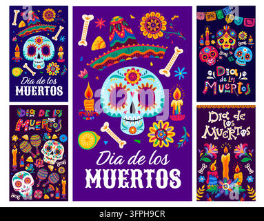 Mexikanische Feiertagsposter zum Tag der Toten Dia de Los Muertos. Mexikanische Feiertagsposter mit Calavera-Schädeln, Knochen, Papel-Picado-Bannern und Ringelblumen für Dia-de-los-Muertos-Events Stock Vektor