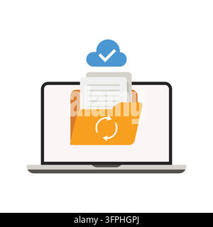 Illustration eines Laptops, der einen Ordner mit synchronisierten Dokumenten und ein blaues Cloud-Symbol mit einem Häkchen anzeigt, was Cloud-Speicher und Backup symbolisiert. Stock Vektor