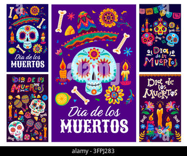Mexikanische Feiertagsposter zum Tag der Toten Dia de Los Muertos. Mexikanische Feiertagsposter mit Calavera-Schädeln, Knochen, Papel-Picado-Bannern und Ringelblumen für Dia-de-los-Muertos-Events Stock Vektor