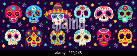 Mexikanische Tag-der-Toten-Zuckerschädels-Gesichtsmasken. Dia de Los Muertos Mexiko-Festival Calavera-Skelettköpfe mit lebhaften Folklore-Ornamenten und Blumendetails für Feiertagsverkaufsbanners Stock Vektor