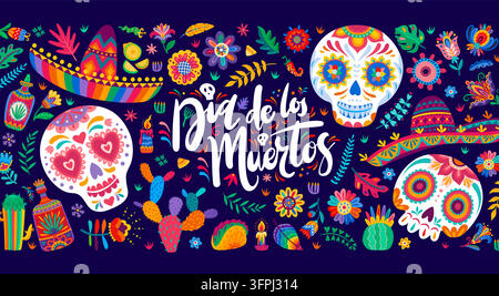 Mexikanisches Banner für den Tag der Toten Dia de Los Muertos mit handgeschriebener Kalligraphie. Lebhaftes festliches Banner mit Calavera-Zuckerschädeln, Sombreros und blühenden Ringelblumen für Party-Einladungen Stock Vektor