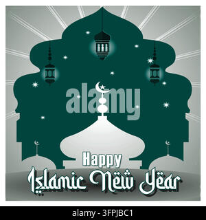 Feiern Sie das islamische Neujahr mit diesem eleganten Design, das eine Moschee, Laternen und Sterne zeigt, die Hoffnung, Spiritualität und Tradition symbolisieren, in Schön Stock Vektor